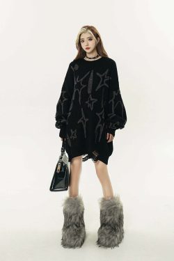 GCINIM Distressed Star Spike Sweater - Y2K Grunge, 90s Fashion, Retro Style, Gothic Y2K Outfit