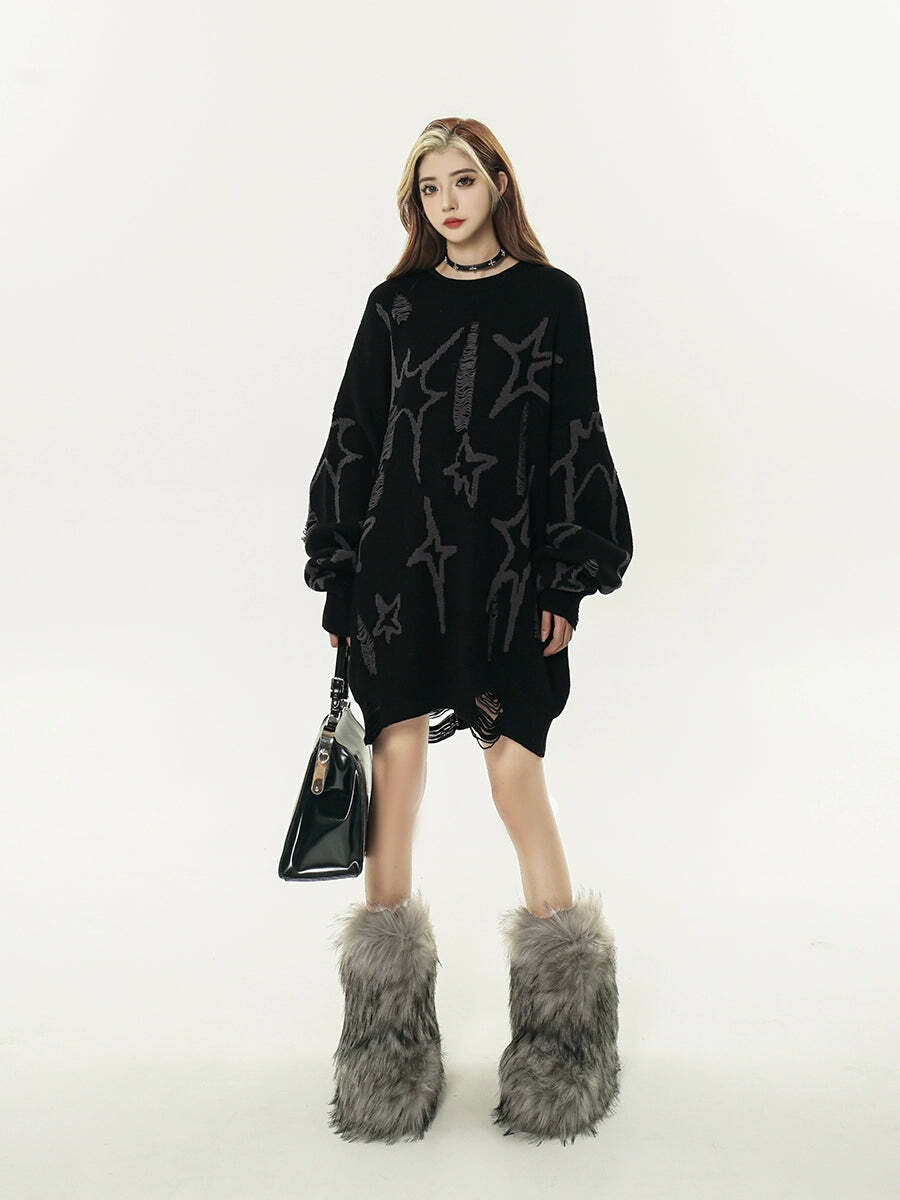 GCINIM Distressed Star Spike Sweater - Y2K Grunge, 90s Fashion, Retro Style, Gothic Y2K Outfit