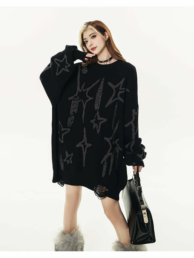 GCINIM Distressed Star Spike Sweater - Y2K Grunge, 90s Fashion, Retro Style, Gothic Y2K Outfit