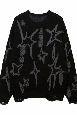 GCINIM Distressed Star Spike Sweater - Y2K Grunge, 90s Fashion, Retro Style, Gothic Y2K Outfit