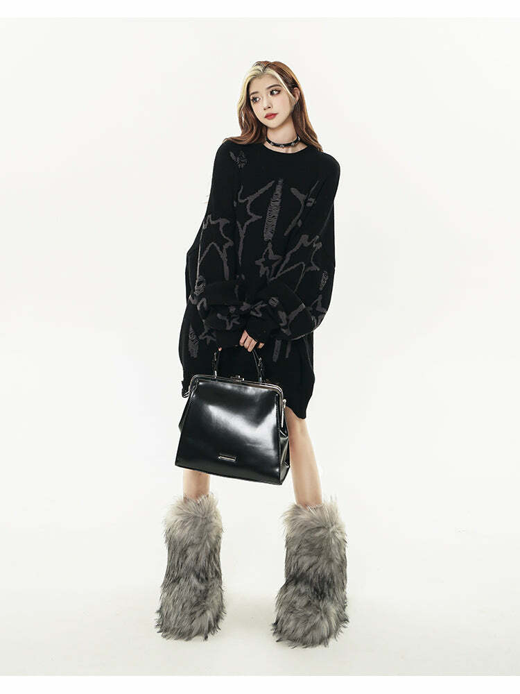 GCINIM Distressed Star Spike Sweater - Y2K Grunge, 90s Fashion, Retro Style, Gothic Y2K Outfit