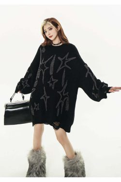 GCINIM Distressed Star Spike Sweater - Y2K Grunge, 90s Fashion, Retro Style, Gothic Y2K Outfit