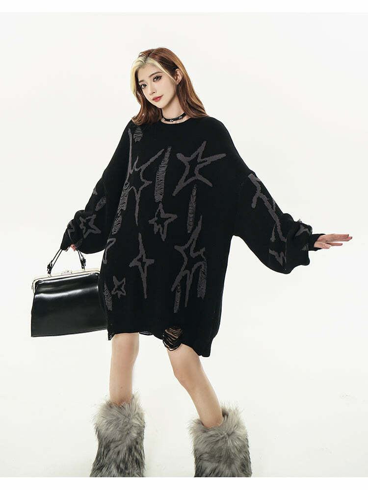 GCINIM Distressed Star Spike Sweater - Y2K Grunge, 90s Fashion, Retro Style, Gothic Y2K Outfit