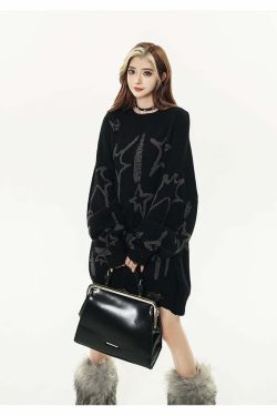 GCINIM Distressed Star Spike Sweater - Y2K Grunge, 90s Fashion, Retro Style, Gothic Y2K Outfit