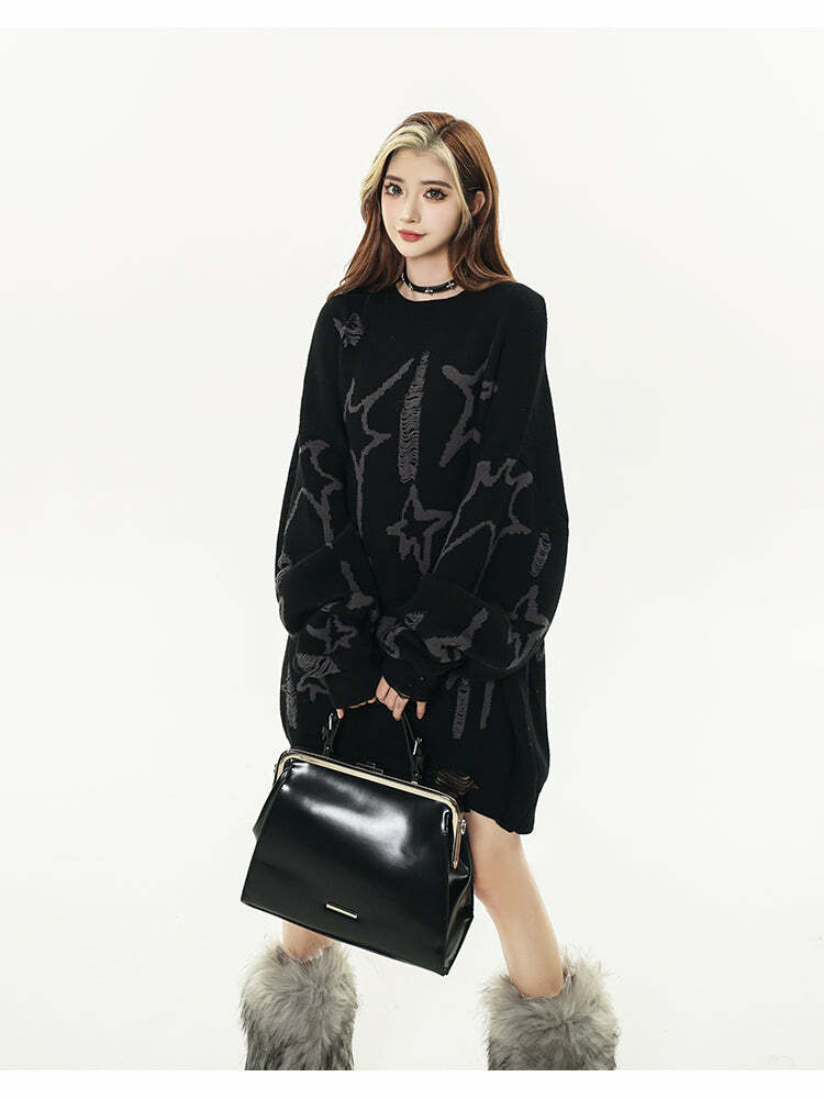 GCINIM Distressed Star Spike Sweater - Y2K Grunge, 90s Fashion, Retro Style, Gothic Y2K Outfit