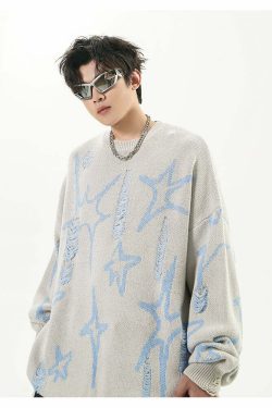 GCINIM Distressed Star Spike Sweater - Y2K Grunge, 90s Fashion, Retro Style, Gothic Y2K Outfit