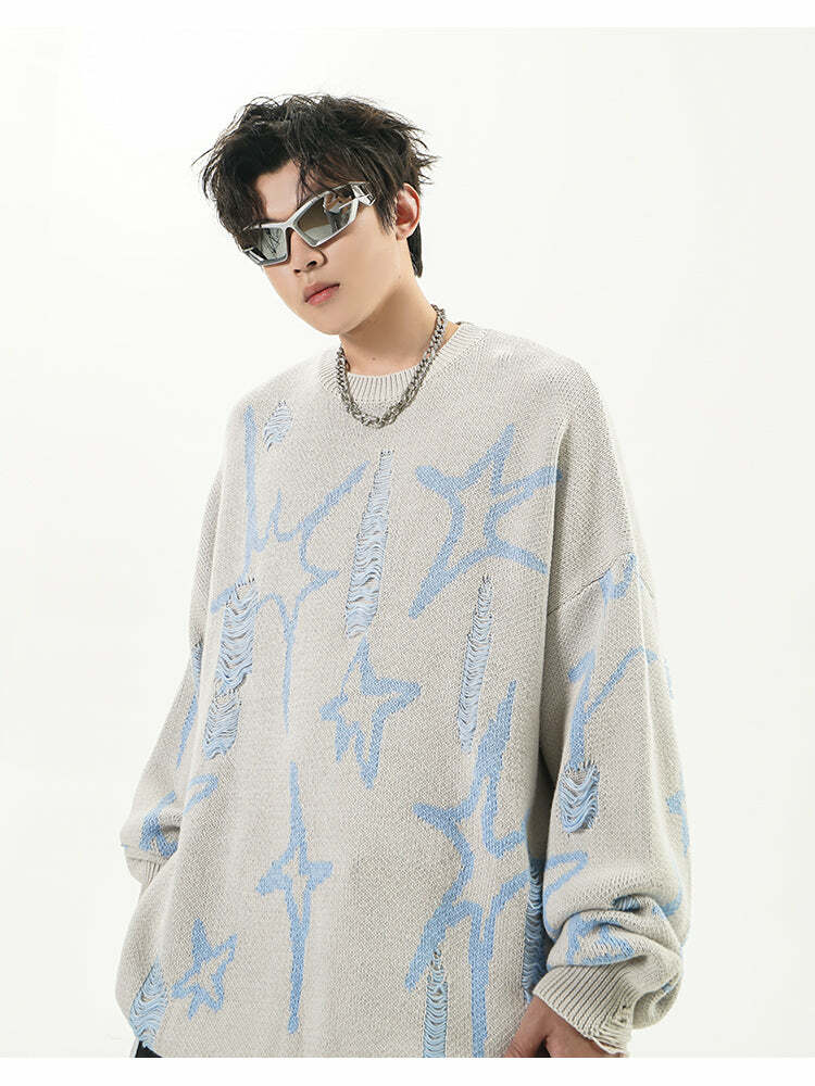 GCINIM Distressed Star Spike Sweater - Y2K Grunge, 90s Fashion, Retro Style, Gothic Y2K Outfit