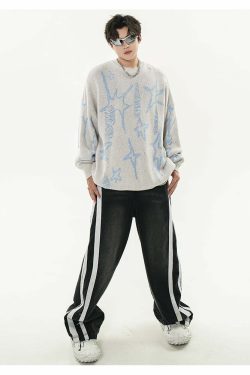 GCINIM Distressed Star Spike Sweater - Y2K Grunge, 90s Fashion, Retro Style, Gothic Y2K Outfit