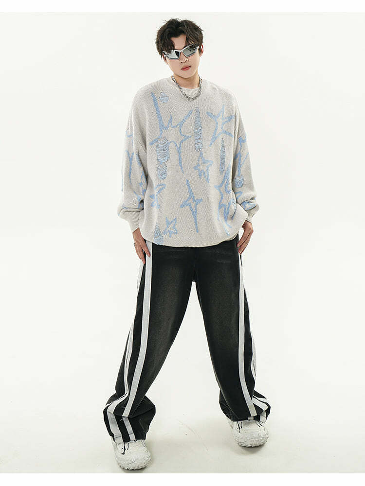 GCINIM Distressed Star Spike Sweater - Y2K Grunge, 90s Fashion, Retro Style, Gothic Y2K Outfit