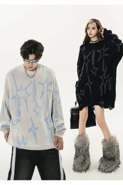 GCINIM Distressed Star Spike Sweater - Y2K Grunge, 90s Fashion, Retro Style, Gothic Y2K Outfit