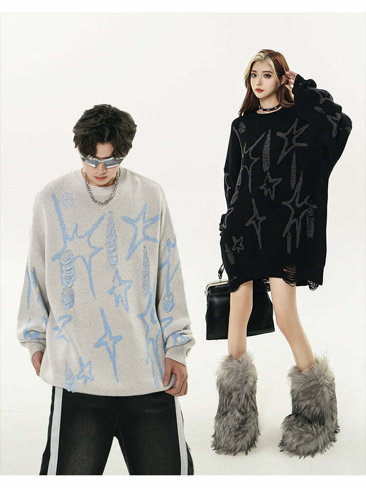 GCINIM Distressed Star Spike Sweater - Y2K Grunge, 90s Fashion, Retro Style, Gothic Y2K Outfit