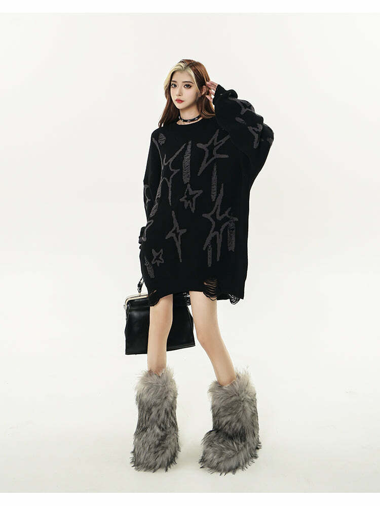 GCINIM Distressed Star Spike Sweater - Y2K Grunge, 90s Fashion, Retro Style, Gothic Y2K Outfit