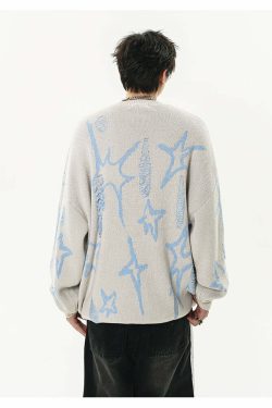 GCINIM Distressed Star Spike Sweater - Y2K Grunge, 90s Fashion, Retro Style, Gothic Y2K Outfit