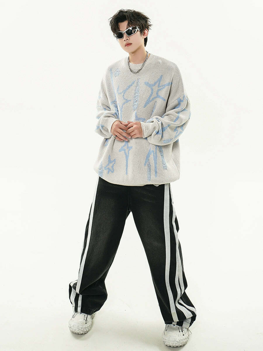 GCINIM Distressed Star Spike Sweater - Y2K Grunge, 90s Fashion, Retro Style, Gothic Y2K Outfit