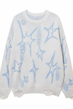 GCINIM Distressed Star Spike Sweater - Y2K Grunge, 90s Fashion, Retro Style, Gothic Y2K Outfit