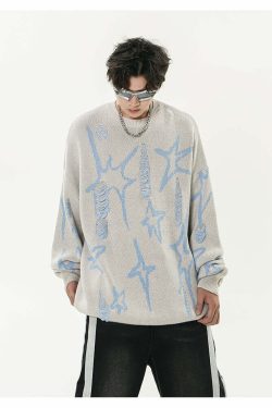 GCINIM Distressed Star Spike Sweater - Y2K Grunge, 90s Fashion, Retro Style, Gothic Y2K Outfit
