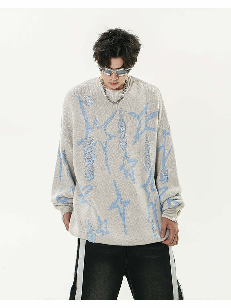 GCINIM Distressed Star Spike Sweater - Y2K Grunge, 90s Fashion, Retro Style, Gothic Y2K Outfit