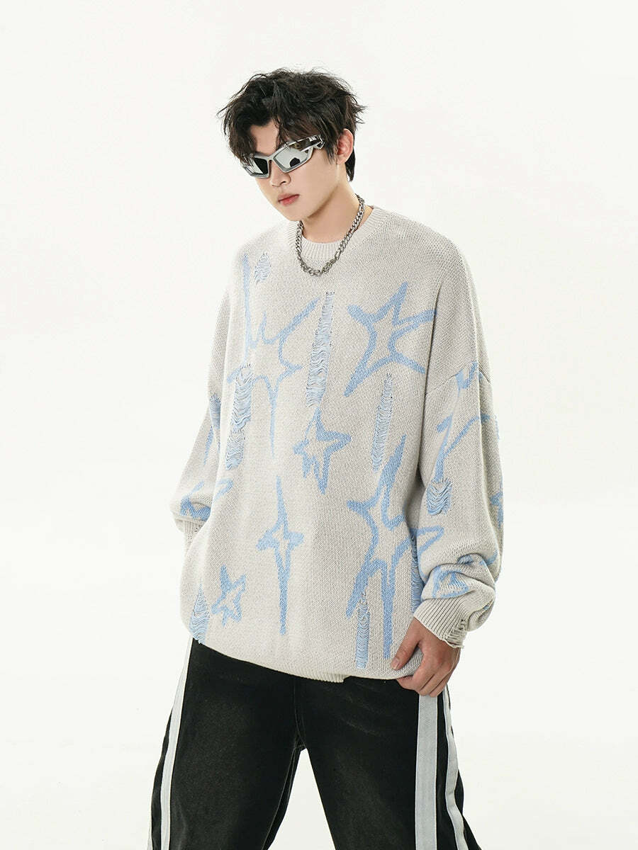 GCINIM Distressed Star Spike Sweater - Y2K Grunge, 90s Fashion, Retro Style, Gothic Y2K Outfit