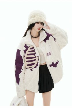 GCINIM Embossed Bone Fleece Jacket - Y2K Grunge, 90s Retro, Summer Outfits, Pastel Goth Style