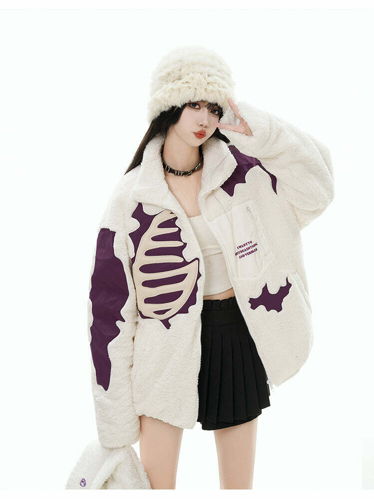 GCINIM Embossed Bone Fleece Jacket - Y2K Grunge, 90s Retro, Summer Outfits, Pastel Goth Style