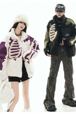 GCINIM Embossed Bone Fleece Jacket - Y2K Grunge, 90s Retro, Summer Outfits, Pastel Goth Style