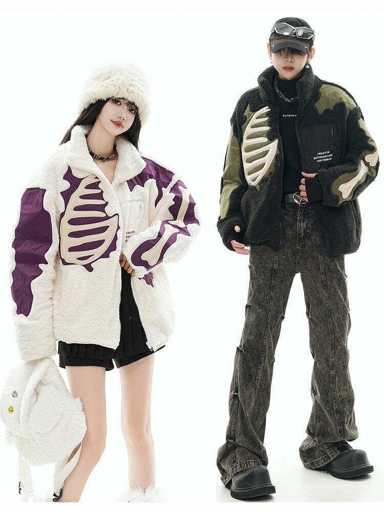 GCINIM Embossed Bone Fleece Jacket - Y2K Grunge, 90s Retro, Summer Outfits, Pastel Goth Style