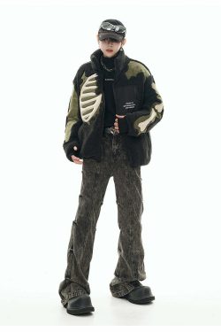 GCINIM Embossed Bone Fleece Jacket - Y2K Grunge, 90s Retro, Summer Outfits, Pastel Goth Style