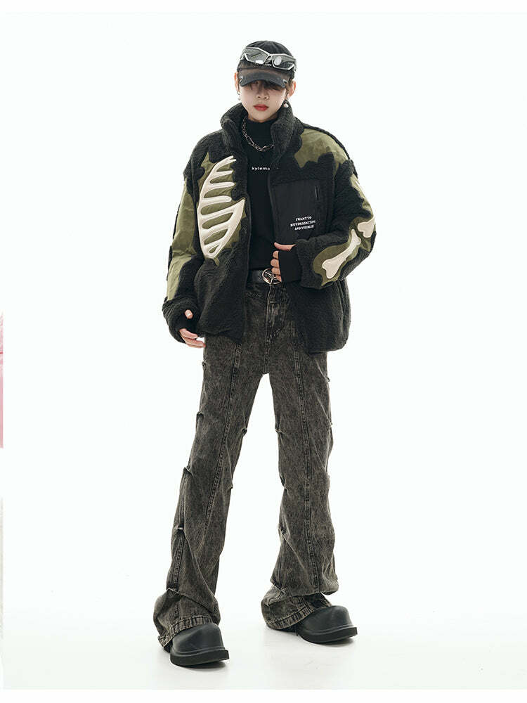 GCINIM Embossed Bone Fleece Jacket - Y2K Grunge, 90s Retro, Summer Outfits, Pastel Goth Style