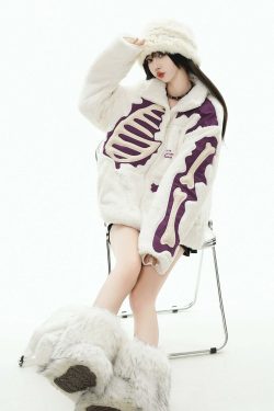 GCINIM Embossed Bone Fleece Jacket - Y2K Grunge, 90s Retro, Summer Outfits, Pastel Goth Style