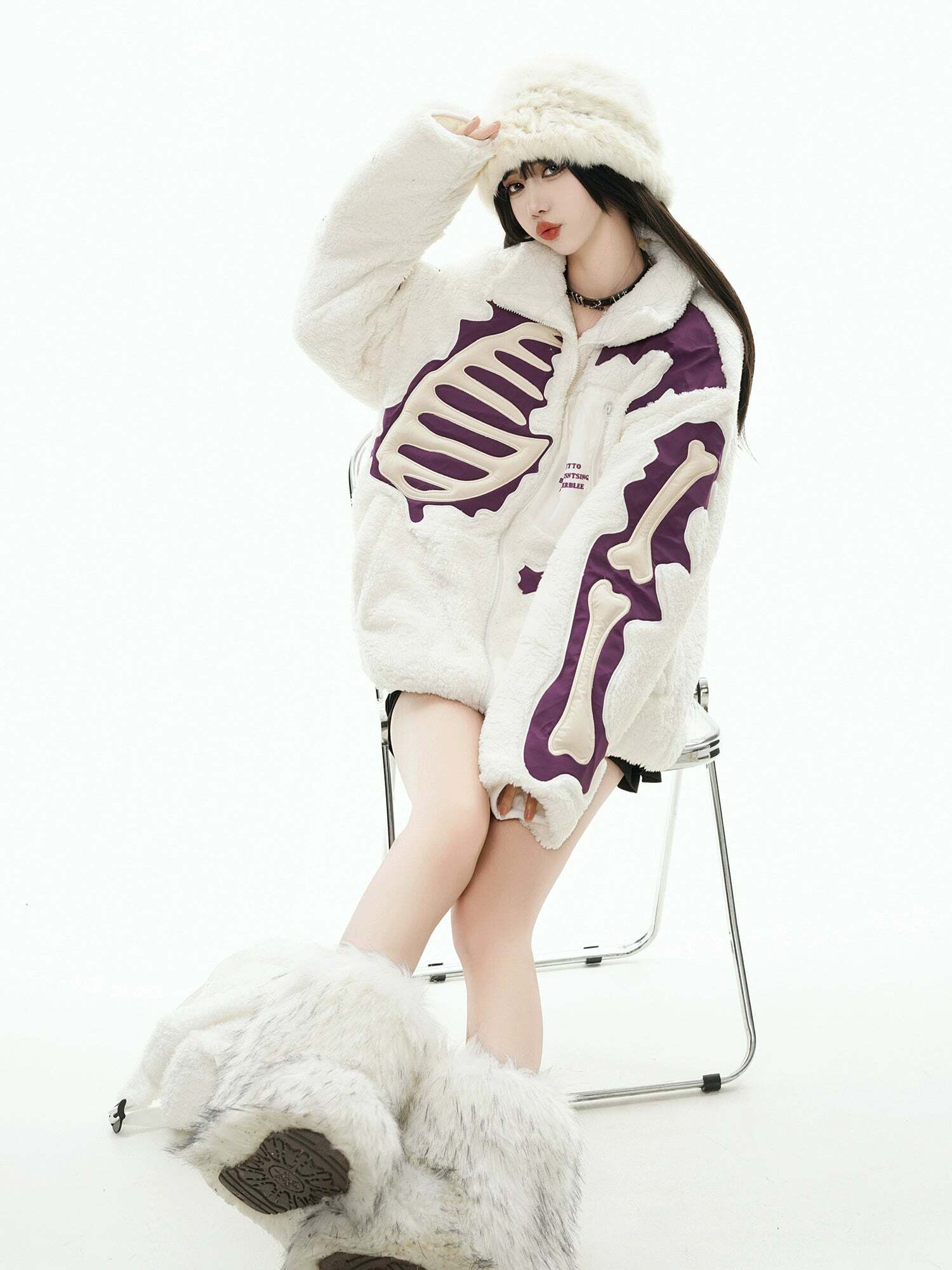 GCINIM Embossed Bone Fleece Jacket - Y2K Grunge, 90s Retro, Summer Outfits, Pastel Goth Style
