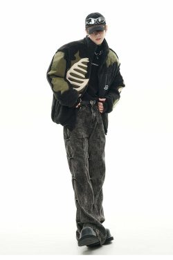 GCINIM Embossed Bone Fleece Jacket - Y2K Grunge, 90s Retro, Summer Outfits, Pastel Goth Style