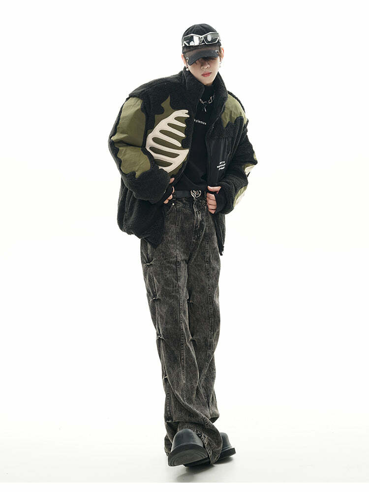 GCINIM Embossed Bone Fleece Jacket - Y2K Grunge, 90s Retro, Summer Outfits, Pastel Goth Style