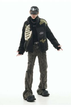 GCINIM Embossed Bone Fleece Jacket - Y2K Grunge, 90s Retro, Summer Outfits, Pastel Goth Style