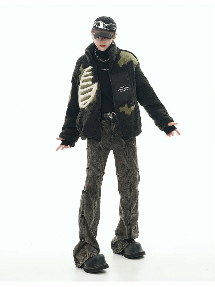 GCINIM Embossed Bone Fleece Jacket - Y2K Grunge, 90s Retro, Summer Outfits, Pastel Goth Style