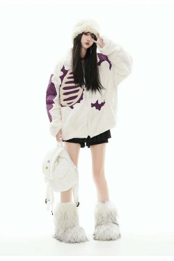 GCINIM Embossed Bone Fleece Jacket - Y2K Grunge, 90s Retro, Summer Outfits, Pastel Goth Style