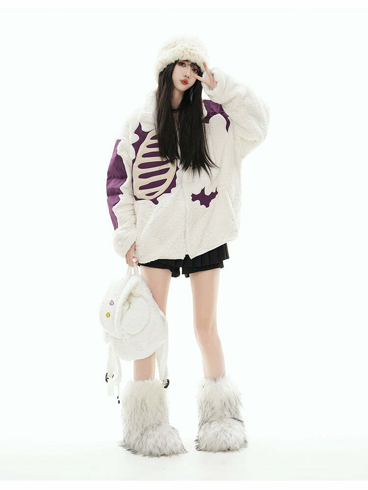 GCINIM Embossed Bone Fleece Jacket - Y2K Grunge, 90s Retro, Summer Outfits, Pastel Goth Style