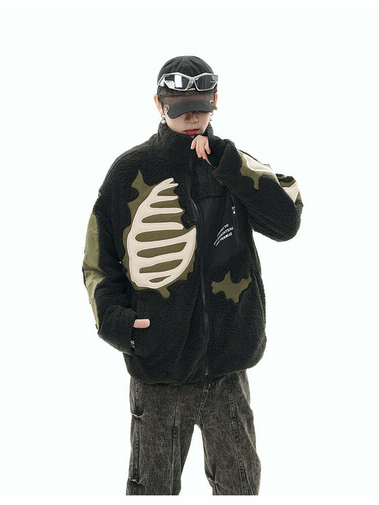 GCINIM Embossed Bone Fleece Jacket - Y2K Grunge, 90s Retro, Summer Outfits, Pastel Goth Style