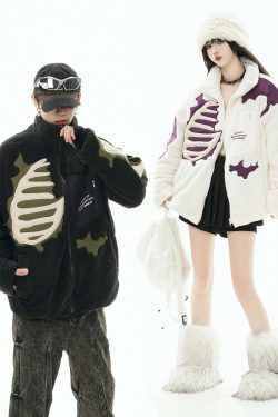 GCINIM Embossed Bone Fleece Jacket - Y2K Grunge, 90s Retro, Summer Outfits, Pastel Goth Style