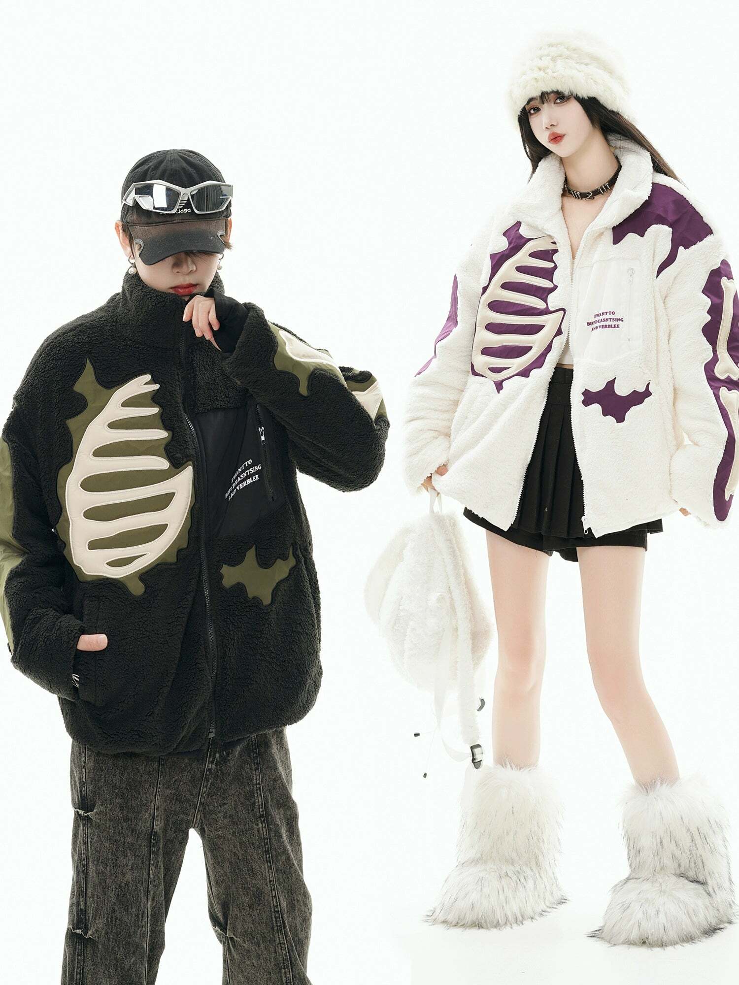 GCINIM Embossed Bone Fleece Jacket - Y2K Grunge, 90s Retro, Summer Outfits, Pastel Goth Style
