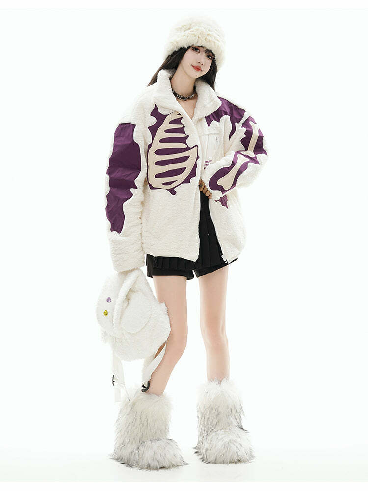 GCINIM Embossed Bone Fleece Jacket - Y2K Grunge, 90s Retro, Summer Outfits, Pastel Goth Style