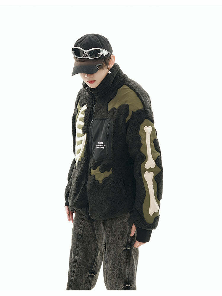 GCINIM Embossed Bone Fleece Jacket - Y2K Grunge, 90s Retro, Summer Outfits, Pastel Goth Style