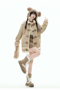 GCINIM Faux-Shearling Jacket - Y2K Grunge, 90s Retro, Summer Outfits, Pastel Goth, Y2