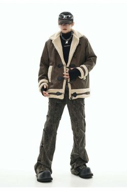 GCINIM Faux-Shearling Jacket - Y2K Grunge, 90s Retro, Summer Outfits, Pastel Goth, Y2