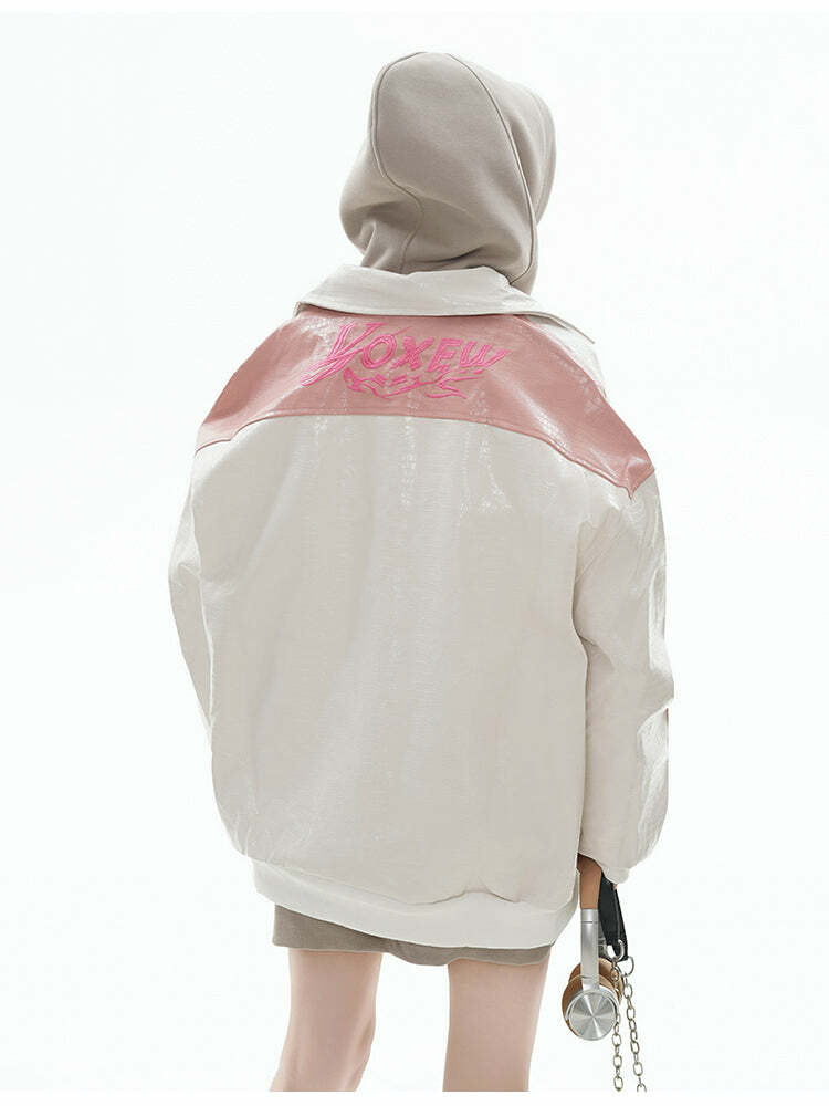 GCINIM Two-Tone Faux Leather Jacket - Y2K Grunge, 90s Fashion, Retro Style, Summer Y2K Outfits