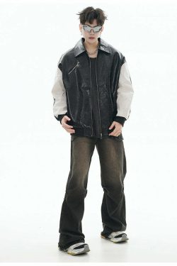 GCINIM Two-Tone Faux Leather Jacket - Y2K Grunge, 90s Fashion, Retro Style, Summer Y2K Outfits