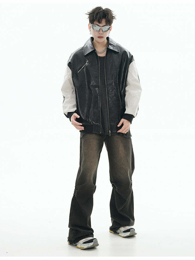 GCINIM Two-Tone Faux Leather Jacket - Y2K Grunge, 90s Fashion, Retro Style, Summer Y2K Outfits