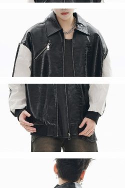 GCINIM Two-Tone Faux Leather Jacket - Y2K Grunge, 90s Fashion, Retro Style, Summer Y2K Outfits