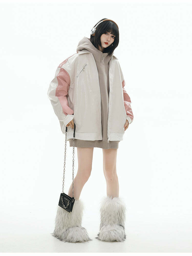 GCINIM Two-Tone Faux Leather Jacket - Y2K Grunge, 90s Fashion, Retro Style, Summer Y2K Outfits