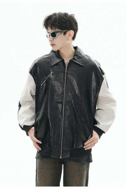 GCINIM Two-Tone Faux Leather Jacket - Y2K Grunge, 90s Fashion, Retro Style, Summer Y2K Outfits