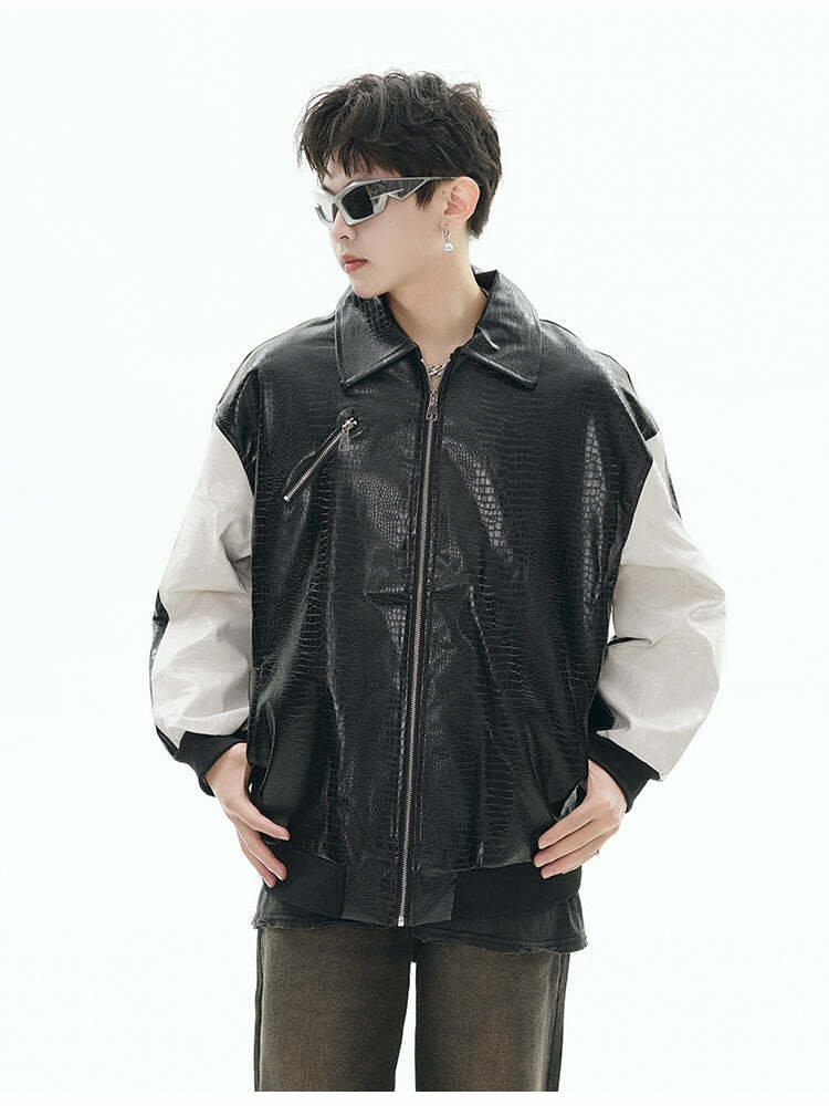 GCINIM Two-Tone Faux Leather Jacket - Y2K Grunge, 90s Fashion, Retro Style, Summer Y2K Outfits